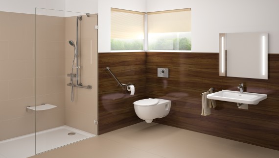 Salle de bains sans obstacles avec lavabo, WC et douche au sol