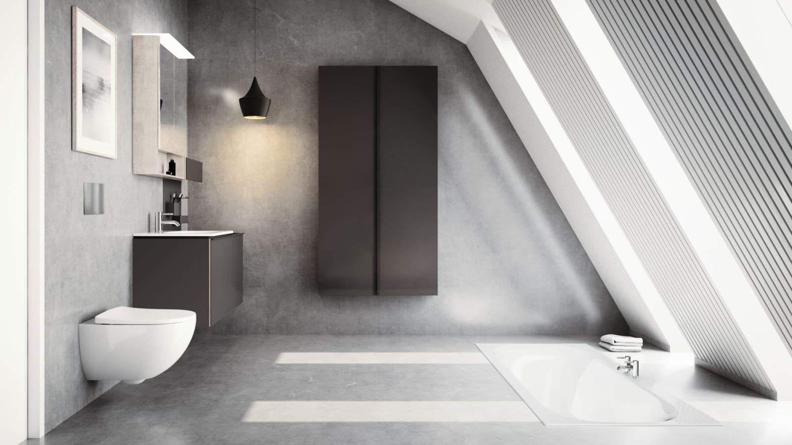 Salle de bains Geberit Acanto dans une pièce avec pente de toit Salle de bains Geberit Acanto dans une pièce avec pente de toit