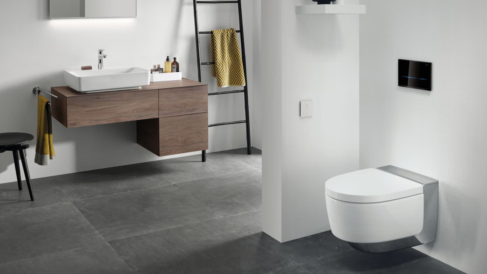 Chasse d’eau sans contact avec plaque de commande Geberit Sigma80, en combinaison avec le WC-douche Geberit AquaClean Mera Chasse d’eau sans contact avec plaque de commande Geberit Sigma80, en combinaison avec le WC-douche Geberit AquaClean Mera