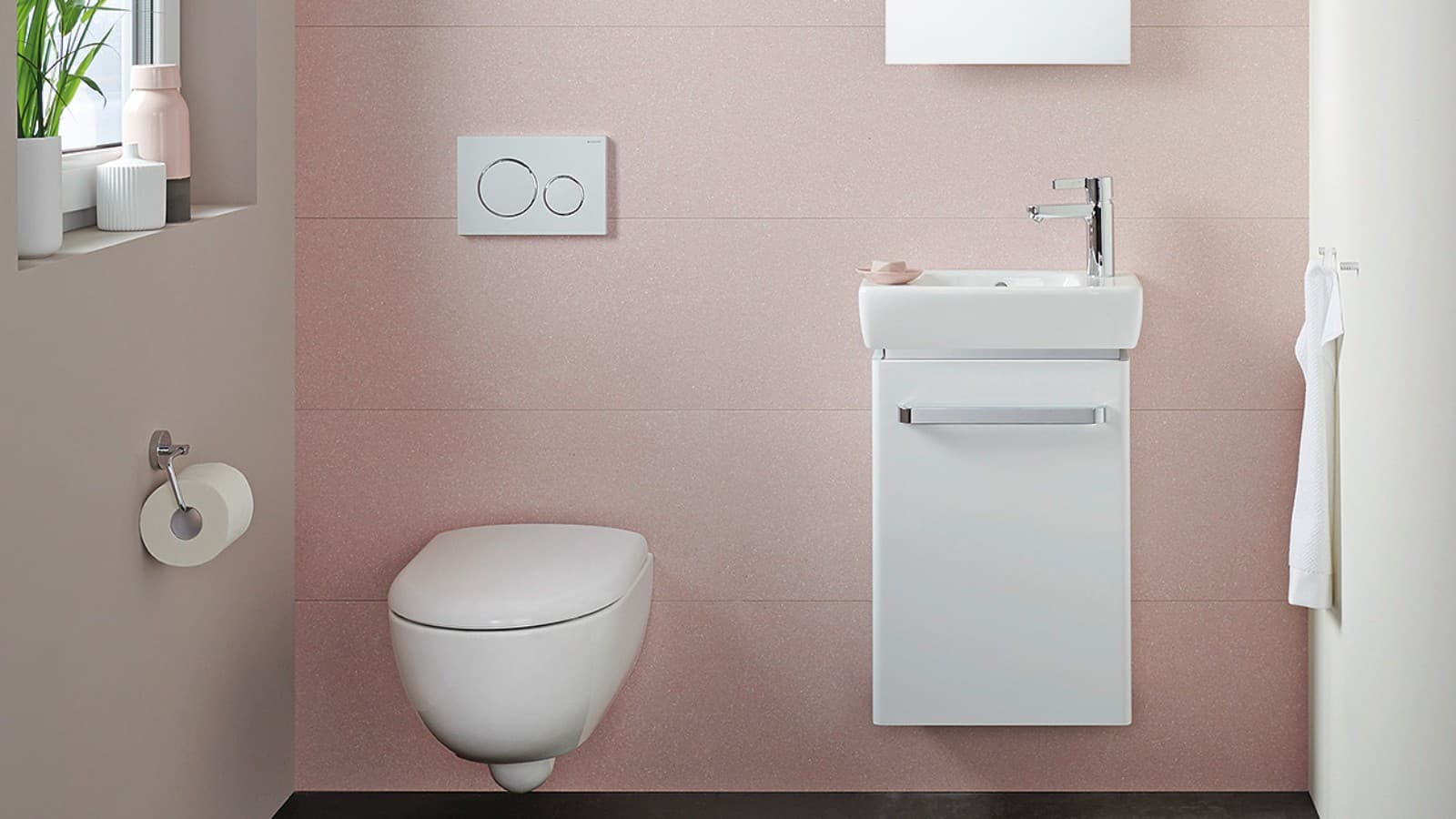 Renova Compact : Les zones de mouvement et de circulation sont également importantes dans les salles de bains d'invités. Renova Compact : Les zones de mouvement et de circulation sont également importantes dans les salles de bains d'invités.