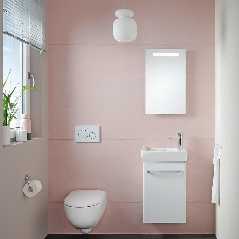 Petite salle de bains d’invités dotée d‘un lave-mains et d‘un WC suspendu Renova Compact Petite salle de bains d’invités dotée d‘un lave-mains et d‘un WC suspendu Renova Compact