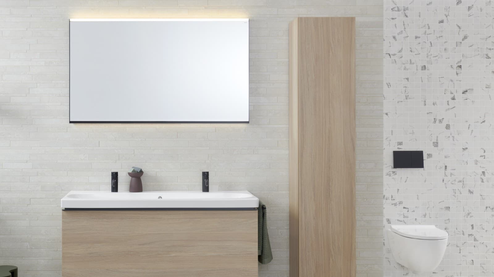 La ligne de salle de bains Acanto avec étagère coulissante offre un espace de rangement pratique. La ligne de salle de bains Acanto avec étagère coulissante offre un espace de rangement pratique.
