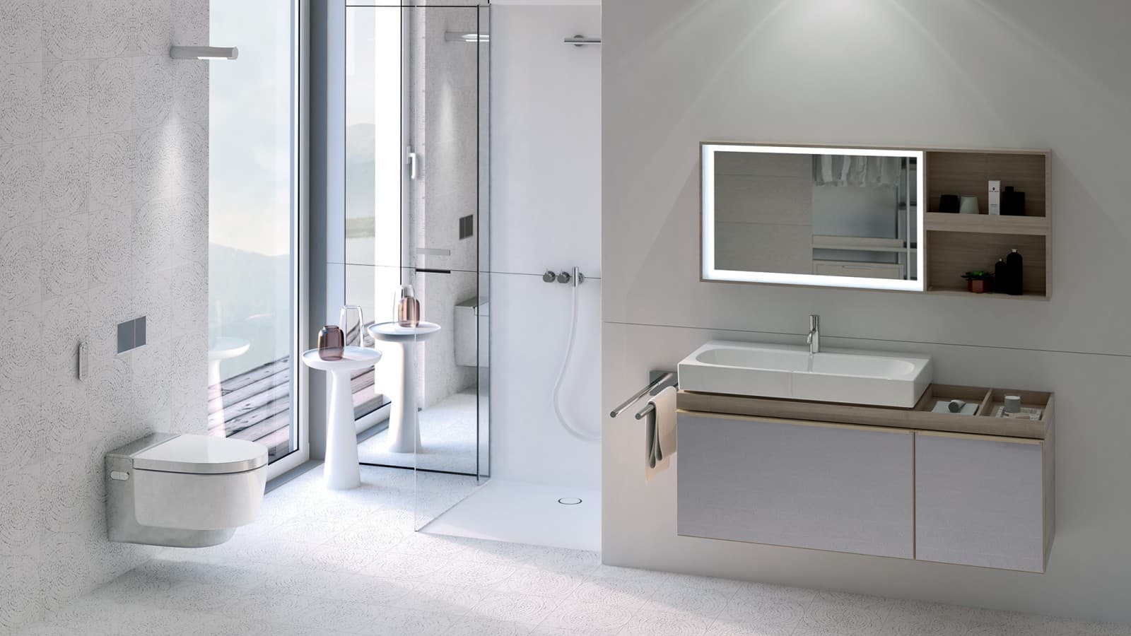 Salle de bains avec WC douche Geberit AquaClean Mera chrome Salle de bains avec WC douche Geberit AquaClean Mera chrome