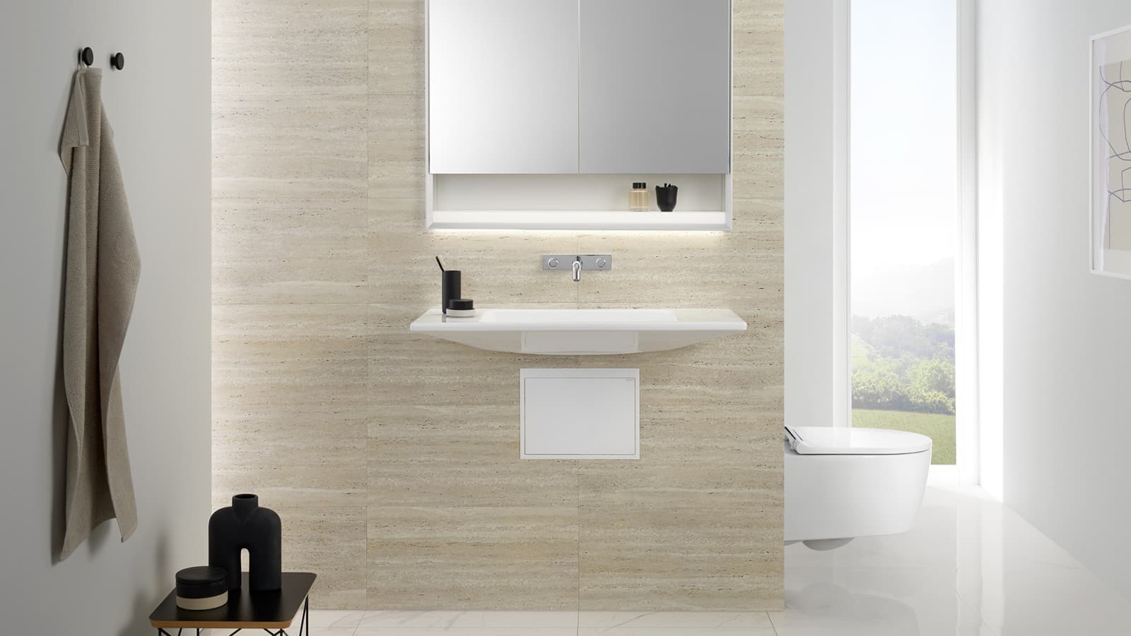 Moins d’attrape-poussières grâce au siphon à encastrer du lavabo Geberit ONE (© Geberit) Moins d’attrape-poussières grâce au siphon à encastrer du lavabo Geberit ONE (© Geberit)
