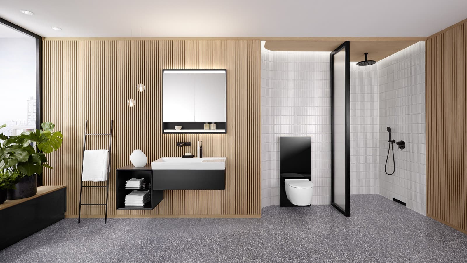 Salle de bains Geberit ONE avec évacuation murale Salle de bains Geberit ONE avec évacuation murale