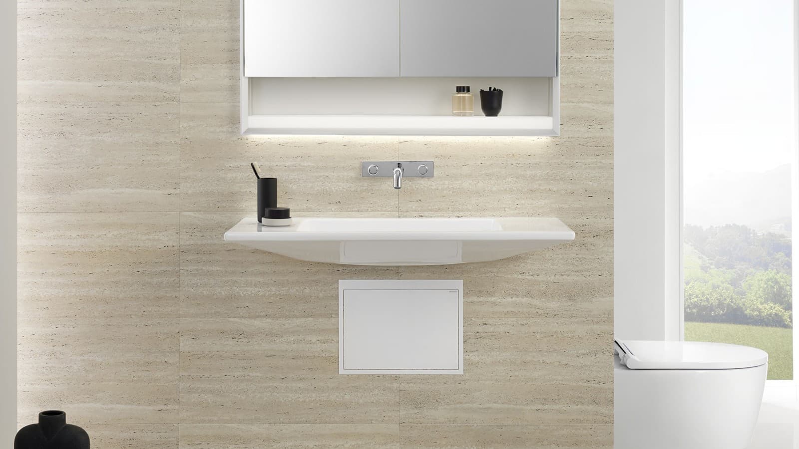 Lavabo Geberit ONE lccessible par le dessous avec siphon encastré Lavabo Geberit ONE lccessible par le dessous avec siphon encastré
