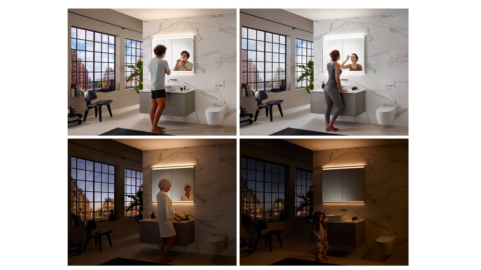 Différentes ambiances lumineuses dans la salle de bains grâce au concept dʼéclairage ComfortLight de Geberit (© Geberit) Différentes ambiances lumineuses dans la salle de bains grâce au concept dʼéclairage ComfortLight de Geberit (© Geberit)