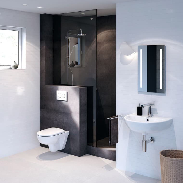 Salle de bains avec WC et lavabo Geberit Selnova et plaque de déclenchement Geberit Sigma21 Salle de bains avec WC et lavabo Geberit Selnova et plaque de déclenchement Geberit Sigma21