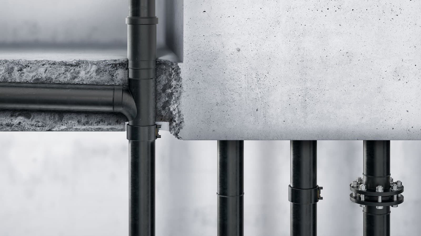 Les tubes et raccords Geberit PE sont soudés et peuvent être posés directement dans le béton Les tubes et raccords Geberit PE sont soudés et peuvent être posés directement dans le béton