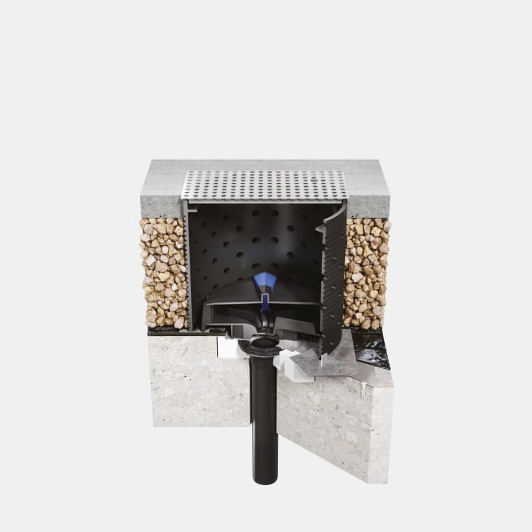 Installation du système Geberit Pluvia sur un toit en béton praticable avec étanchéité de la toiture bitumineuse Installation du système Geberit Pluvia sur un toit en béton praticable avec étanchéité de la toiture bitumineuse