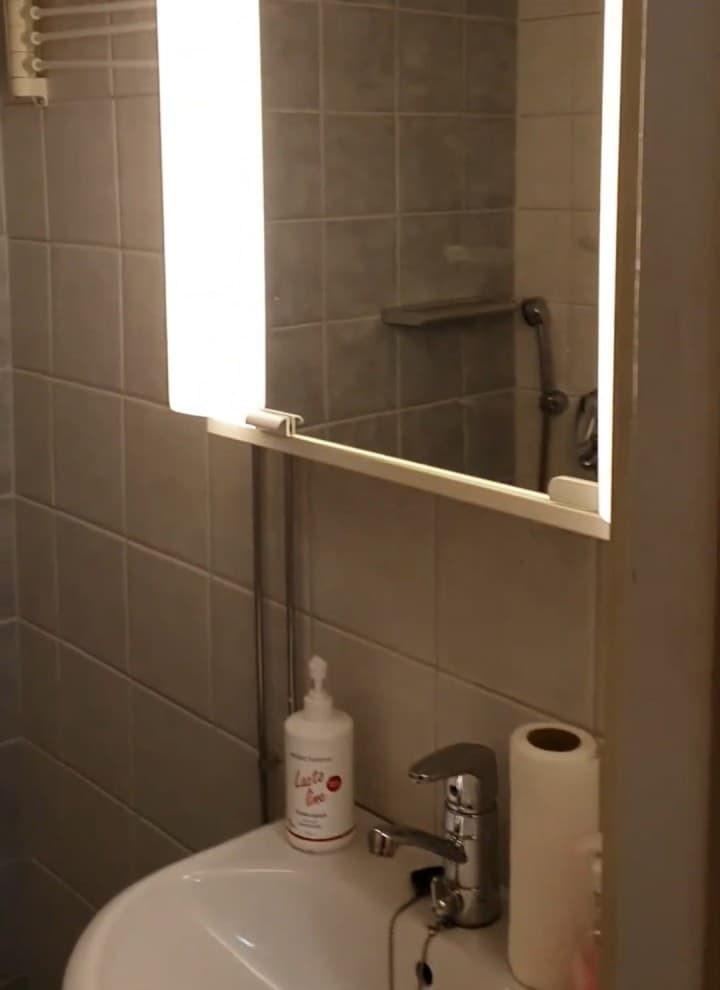Une image avant de la petite salle de bains avec armoire à miroir et lavabo (© Meja Hynynen) Une image avant de la petite salle de bains avec armoire à miroir et lavabo (© Meja Hynynen)