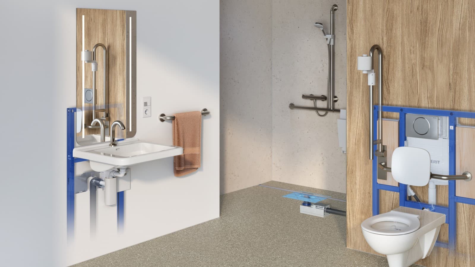 Geberit wastafelsysteem in de Standard-productselectie voor drempelvrije sanitaire voorzieningen Geberit wastafelsysteem in de Standard-productselectie voor drempelvrije sanitaire voorzieningen