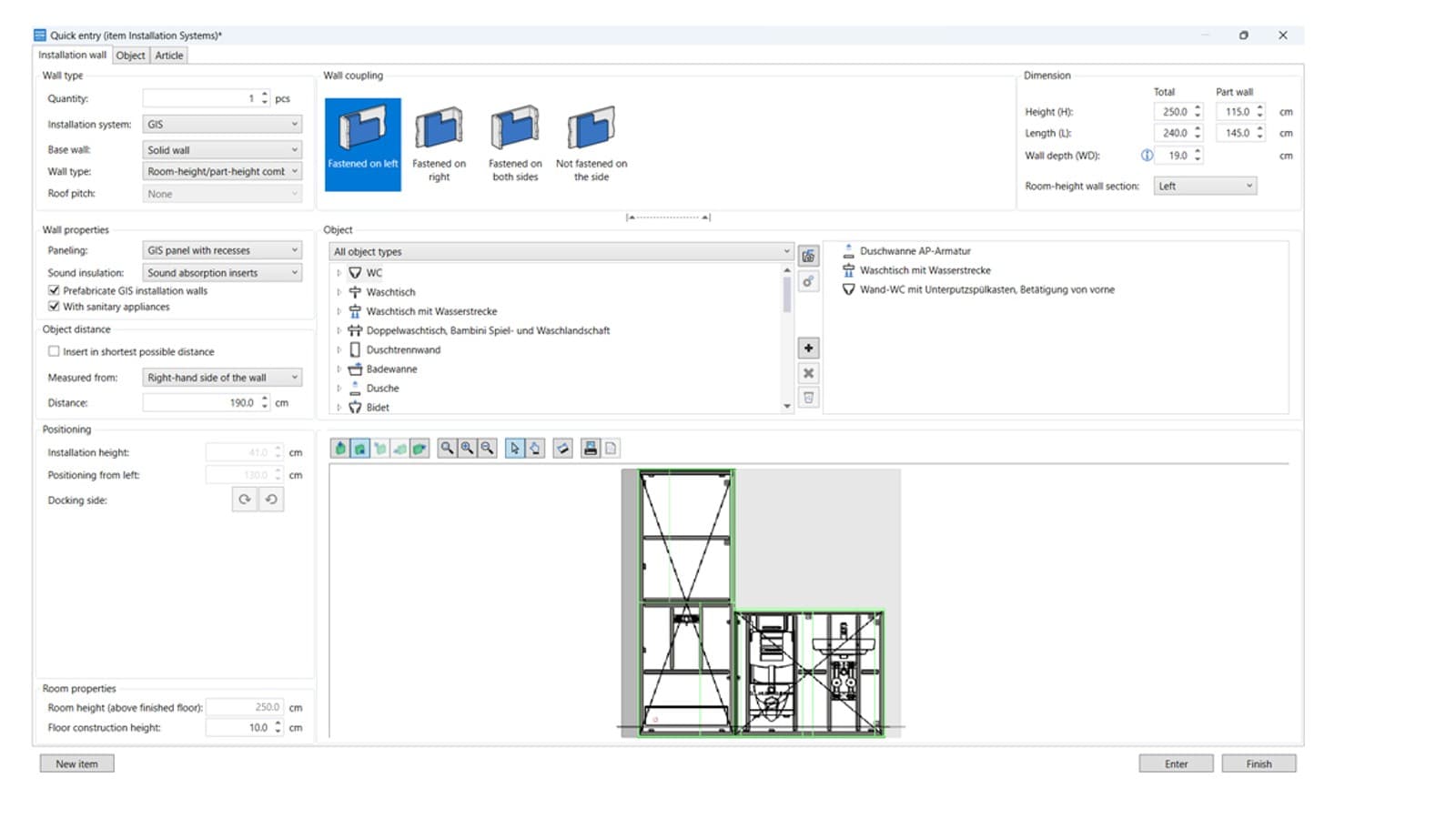 Interface utilisateur du module de planification pour les systèmes d’installation dans Geberit ProPlanner Interface utilisateur du module de planification pour les systèmes d’installation dans Geberit ProPlanner